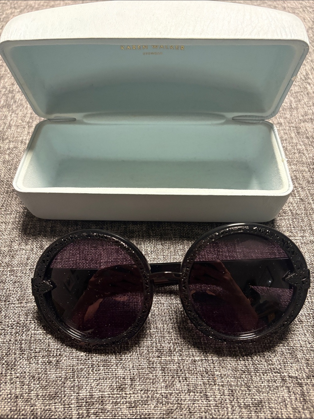 Karen Walker Black Round Sunglasses with Purple Lenses